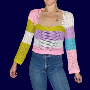 Retro Colorful Stripe Crochet Festival Hippie Cropped Shirt